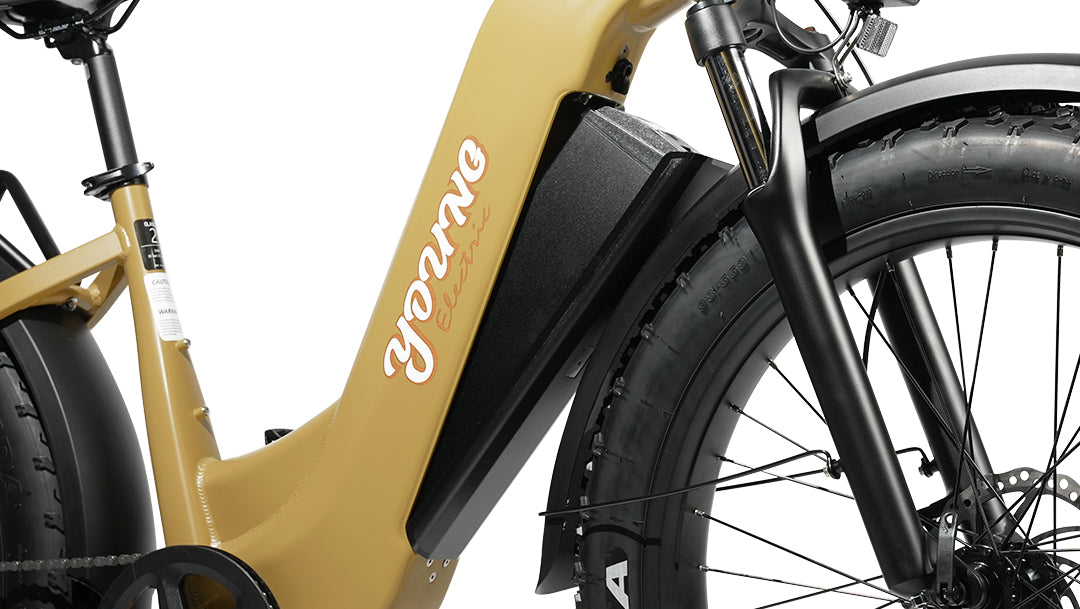 MOVE Electric Scooters - Young Electric E-Scout Pro Step-Through All Terrain Fat Tire Electric Bike close-up for the battery 960Wh 80 miles range